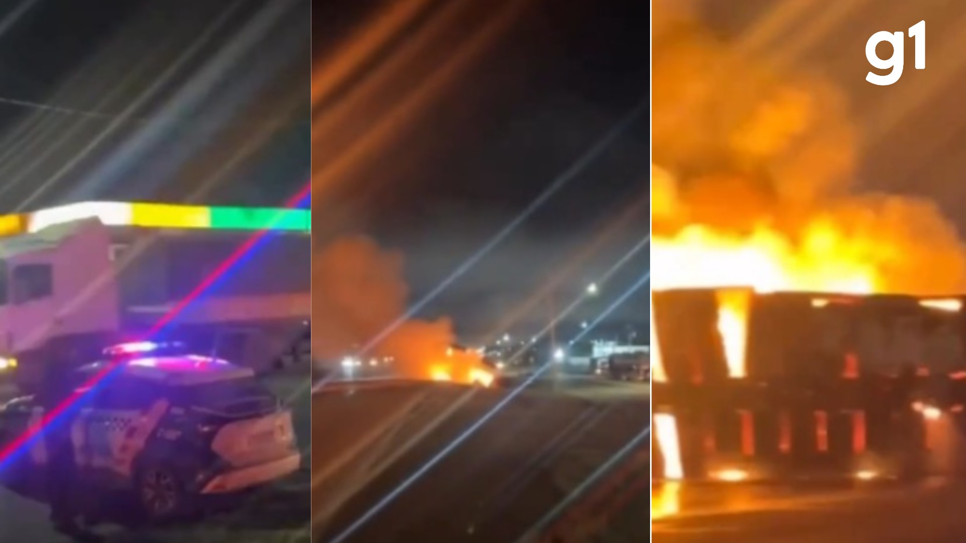 Carreta carregada com algodão pega fogo após tombar na BR-364 em Cuiabá; vídeo