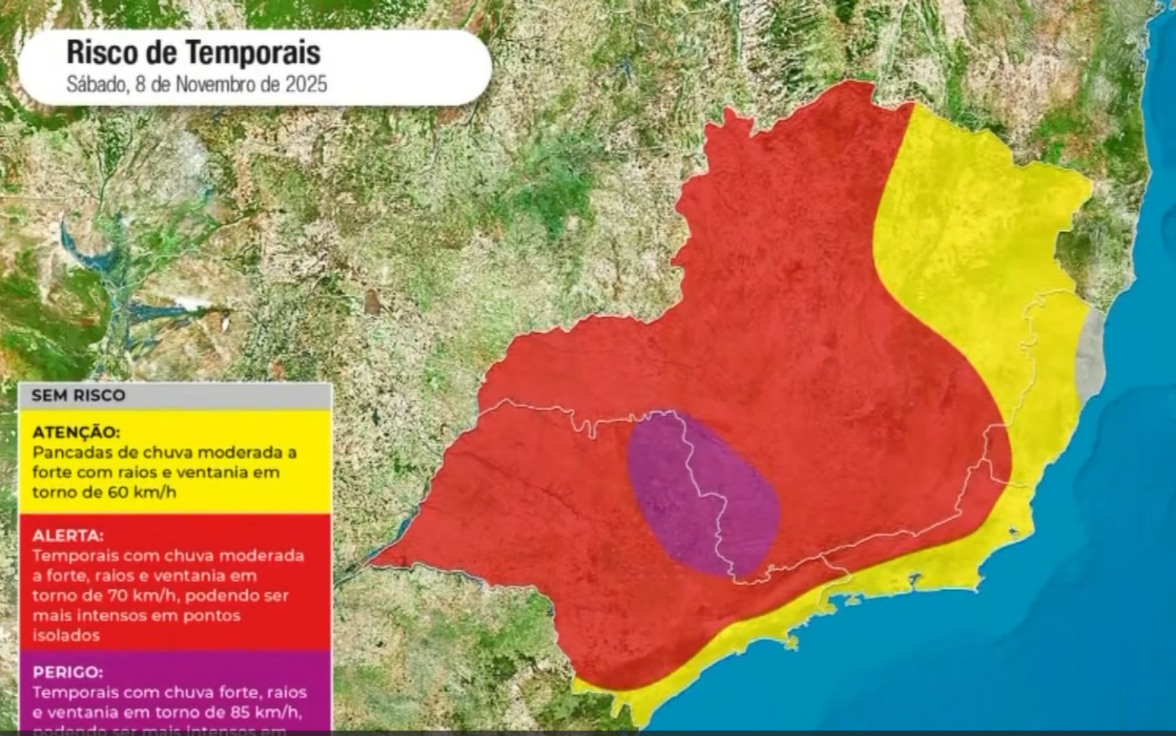 Tempestade com ventos de até 100 km/h coloca o Sul de Minas em alerta laranja neste sábado