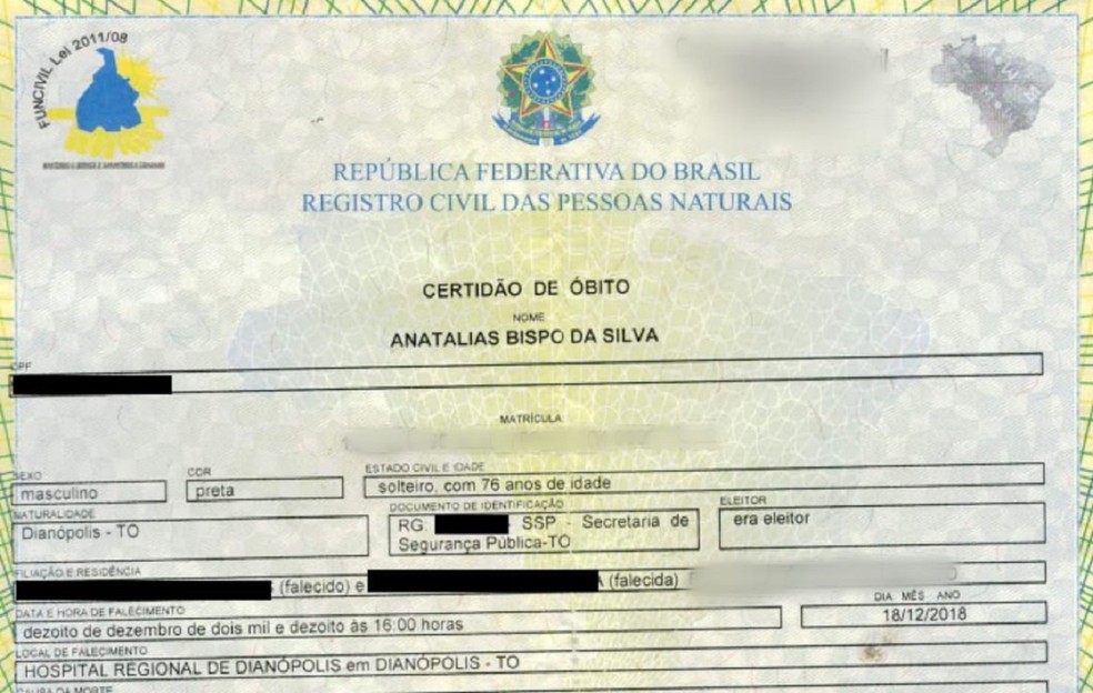 Certidão de óbito emitida no nome de Anatálias Bispo da Silva — Foto: Arquivo pessoal/Thamires Pereira