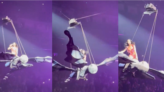 Katy Perry leva susto com falha em 'borboleta voadora' durante show nos EUA - Cantora levou susto ao cantar suspensa por estrutura durante concerto nos EUA, mas seguiu a apresentação normalmente em seguida.