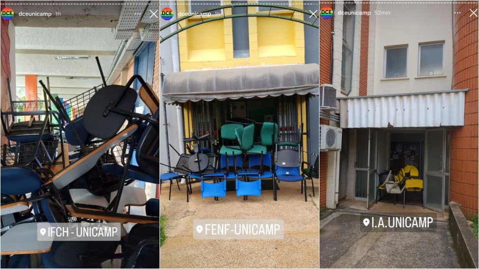 Imagens divulgadas pelo DCE da Unicamp mostram acesso a prédios e salas bloqueados por cadeiras nesta terça-feira (3) durante ato — Foto: Redes Sociais/Reprodução