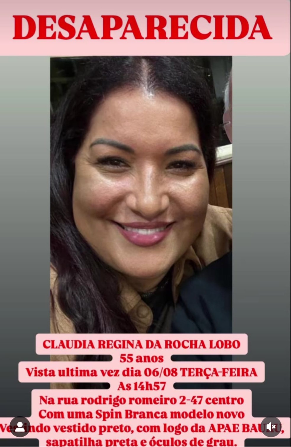 Família divulgou o desaparecimento da moradora de Bauru nas redes sociais — Foto: Arquivo pessoal