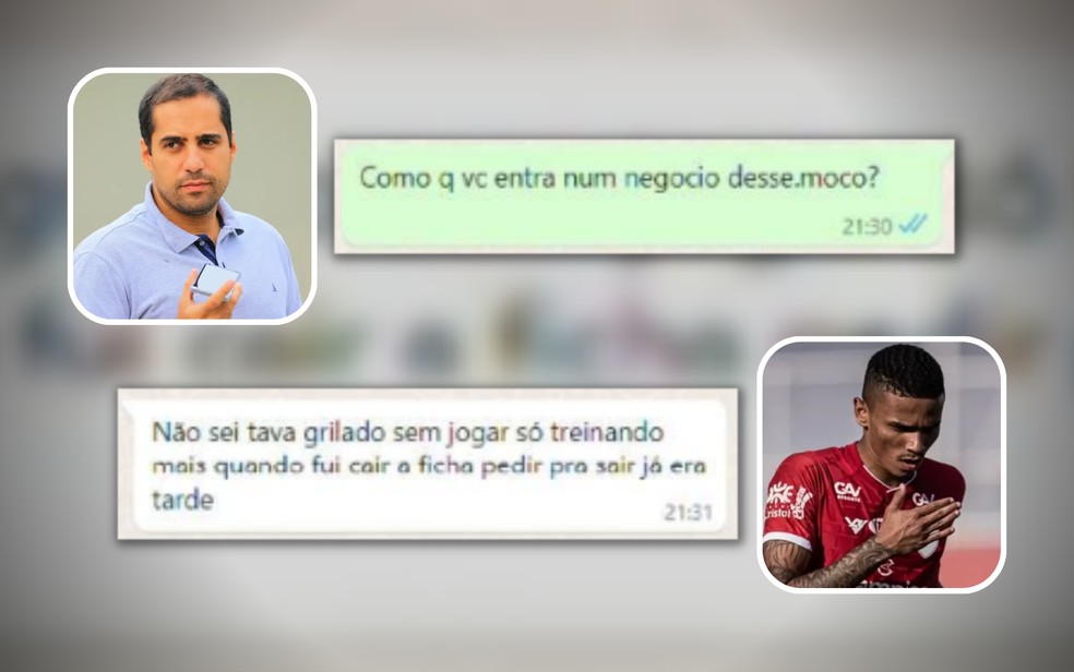 Conversa entre o presidente Hugo Jorge Bravo e o jogador Marcos Vinicius Alves Barreira, conhecido como Romário — Foto: Wildes Barbosa/O Popular, Reprodução/Redes Sociais, Reprodução/Ministério Público e montagem/g1