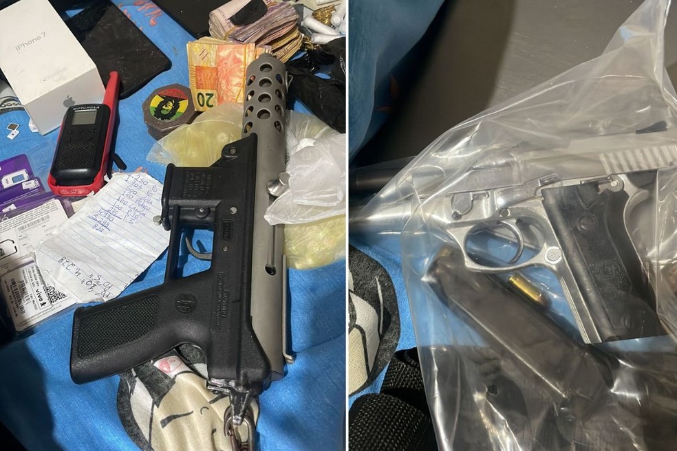 Armas encontradas com criminosos que atiraram contra Policial Federal no litoral de SP — Foto: Polícia Federal