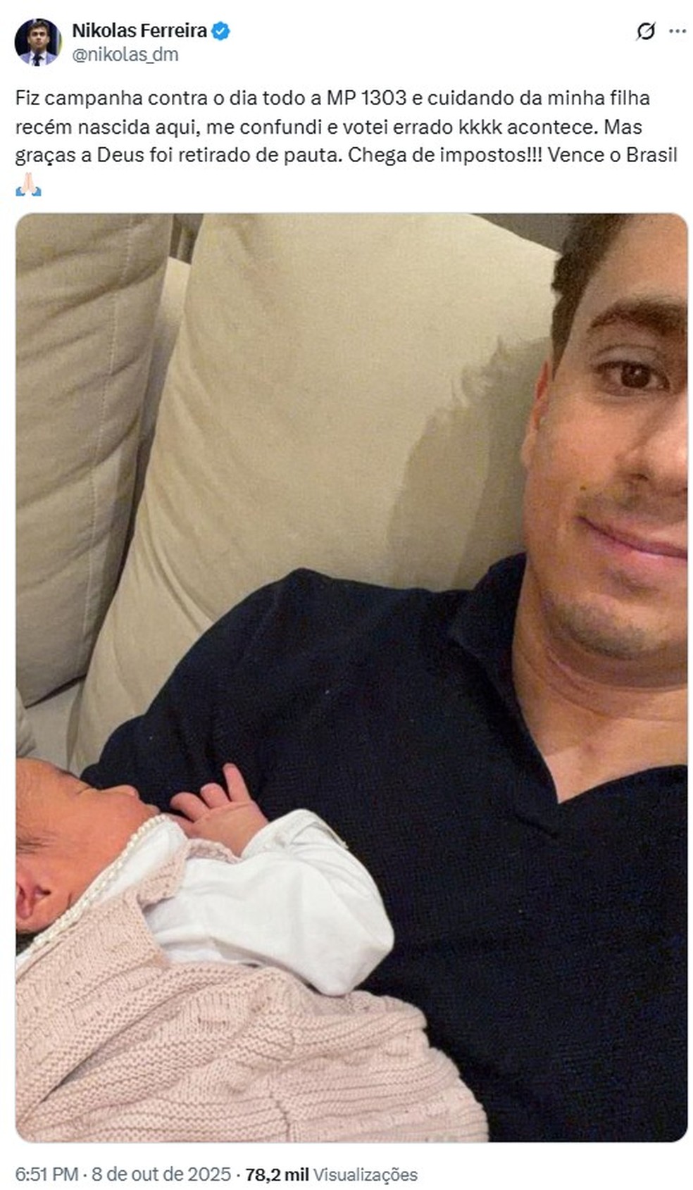 Publicação de Nikolas Ferreira (PL) no X sobre voto em MP — Foto: X/ Reprodução