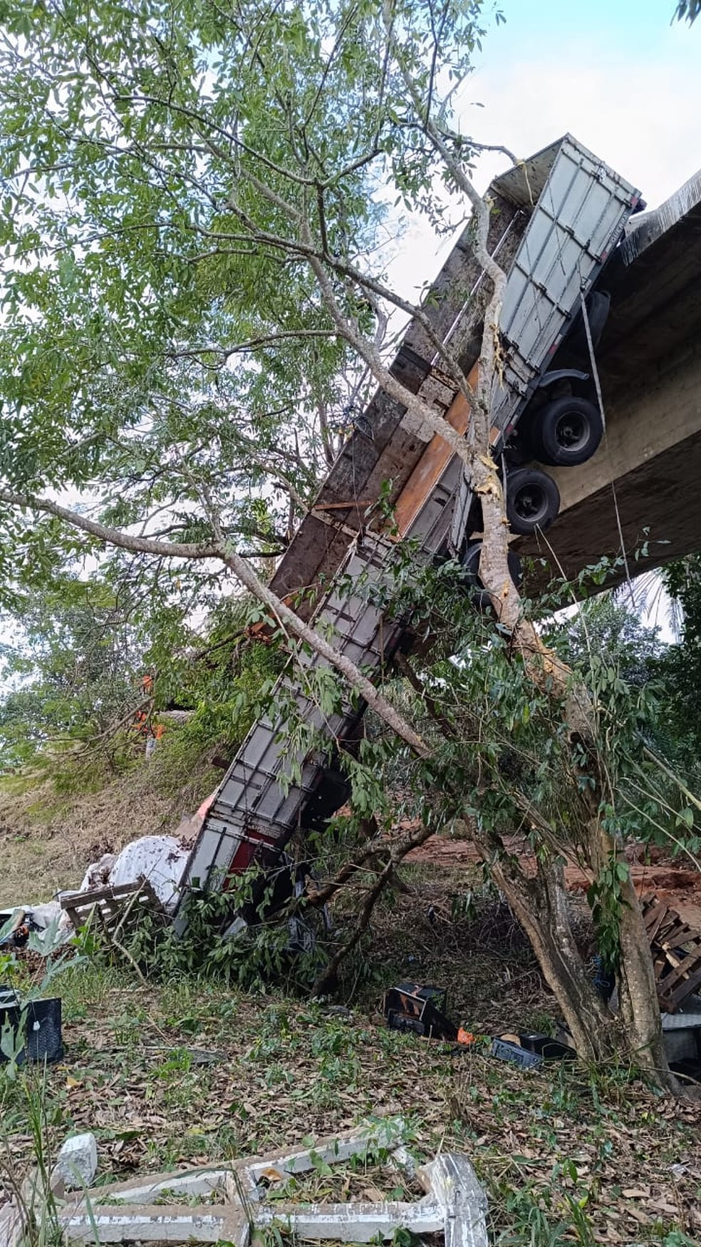 Carreta ficou pendurada na ponte — Foto: Corpo de Bombeiros