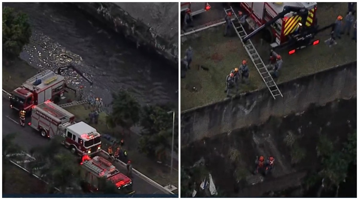 Três carros batem e um deles cai e fica submerso no Rio Tamanduateí, na Avenida do Estado