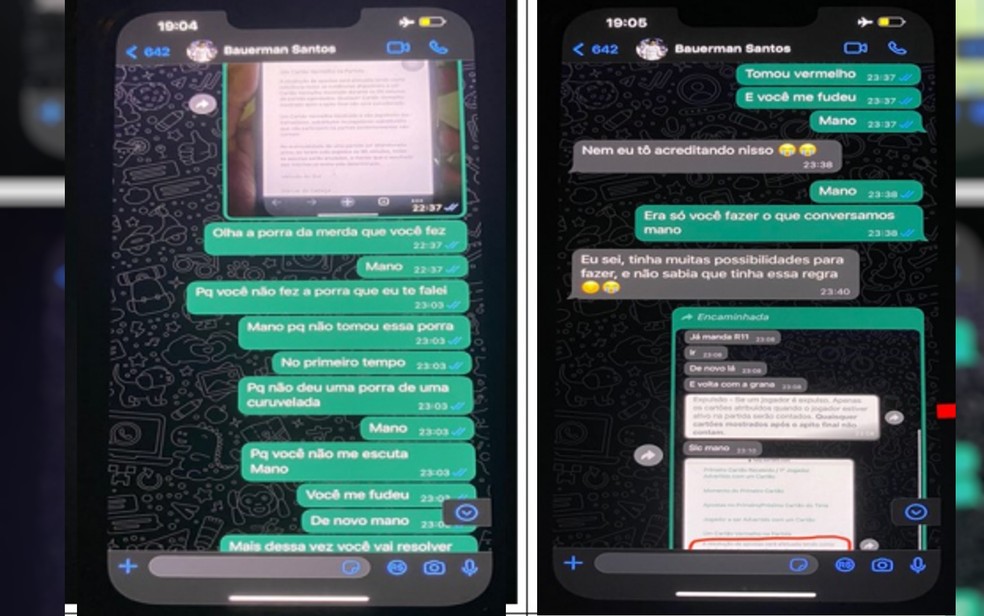Conversa com Eduardo Bauermann em um dos celulares dos acusados manipulação de resultados de jogos — Foto: Reprodução/MPGO