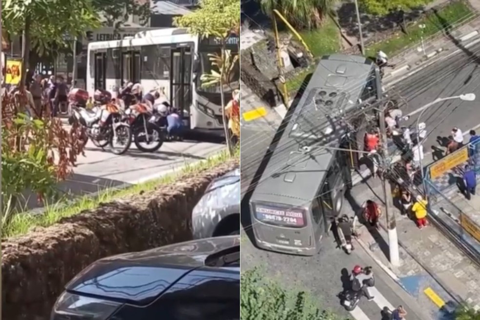 Acidente ocorreu no cruzamento entre a Rua Petrópolis e a Avenida Leomil, em Guarujá (SP) — Foto: Reprodução/Instagram