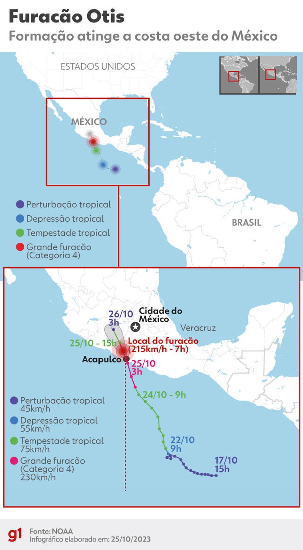 Mapa mostra o avanço do furacão Otis na costa oeste do México — Foto: Arte/g1