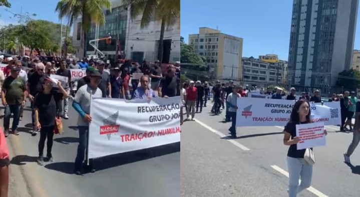 Ex-funcionários do Grupo João Santos fazem protesto no Centro do Recife por falta de pagamento de rescisões; VÍDEO