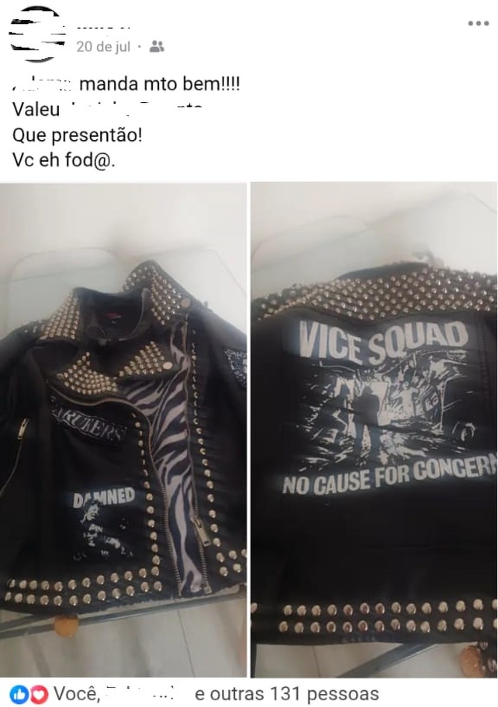 Postagem de jaqueta alusiva ao movimento punk provocou discussão entre vítima e uma das agressoras, diz família de Helen Vitai — Foto: Reprodução/Facebook