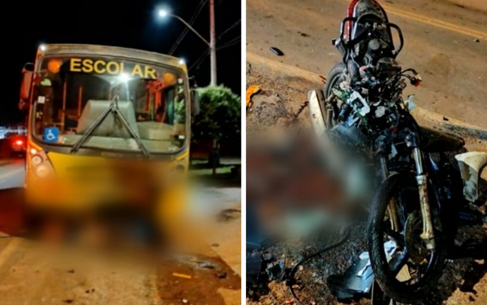 Após bater de frente com ônibus, moto ficou completamente destruída, em Goiás — Foto: Reprodução/TV Anhanguera