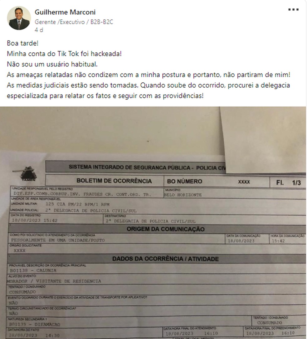 Executivo da TIM negou as ameaças direcionadas à cantora de Campinas e diz que teve o perfil hackeado — Foto: Reprodução/Redes Sociais