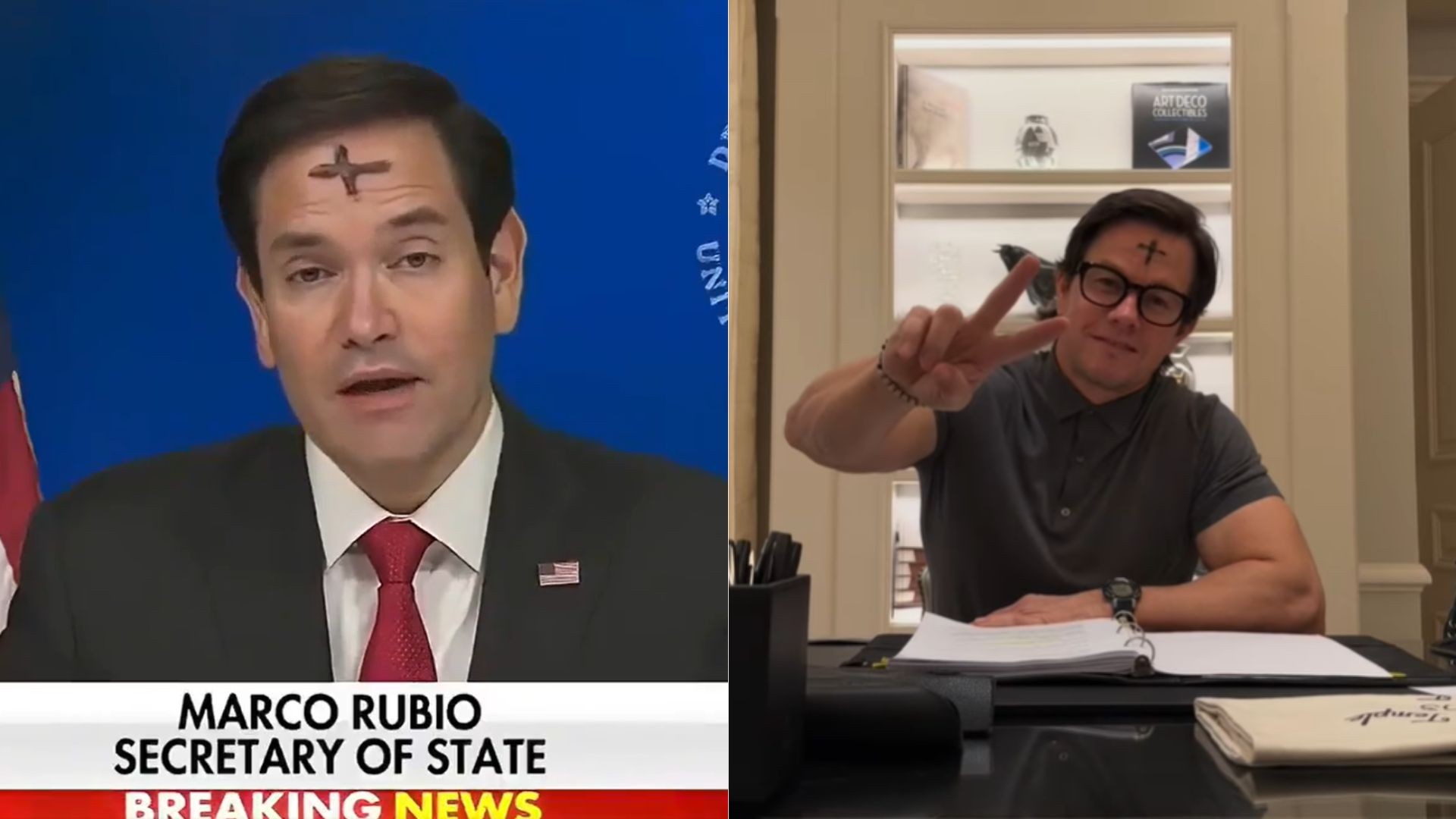 Marco Rubio e Mark Wahlberg são vistos com cruz desenhada na testa; entenda o que significa e a relação com a Quarta-Feira de Cinzas