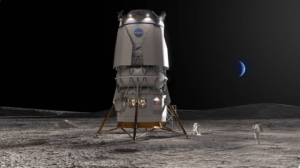 Uma renderização do módulo de pouso Blue Moon, da Blue Origin, que levará astronautas à Lua — Foto: Divulgação/Blue Origin