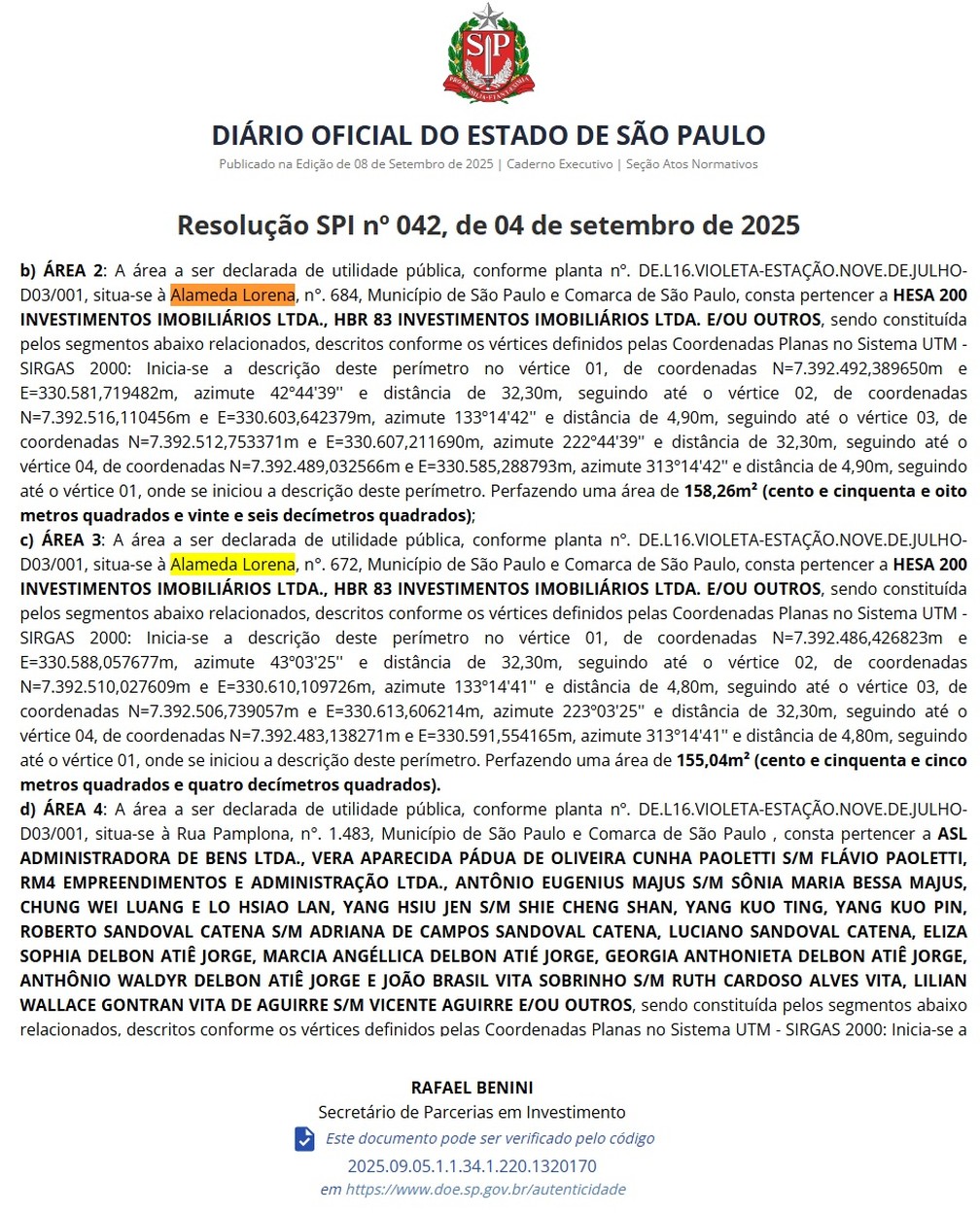 Decreto de utilidade pública para o metrô dos imóveis na Alameda Lorena, esquina da Travessa Engenheiro Antônio de Souza Barros Júnior. — Foto: Reprodução/Diário Oficial