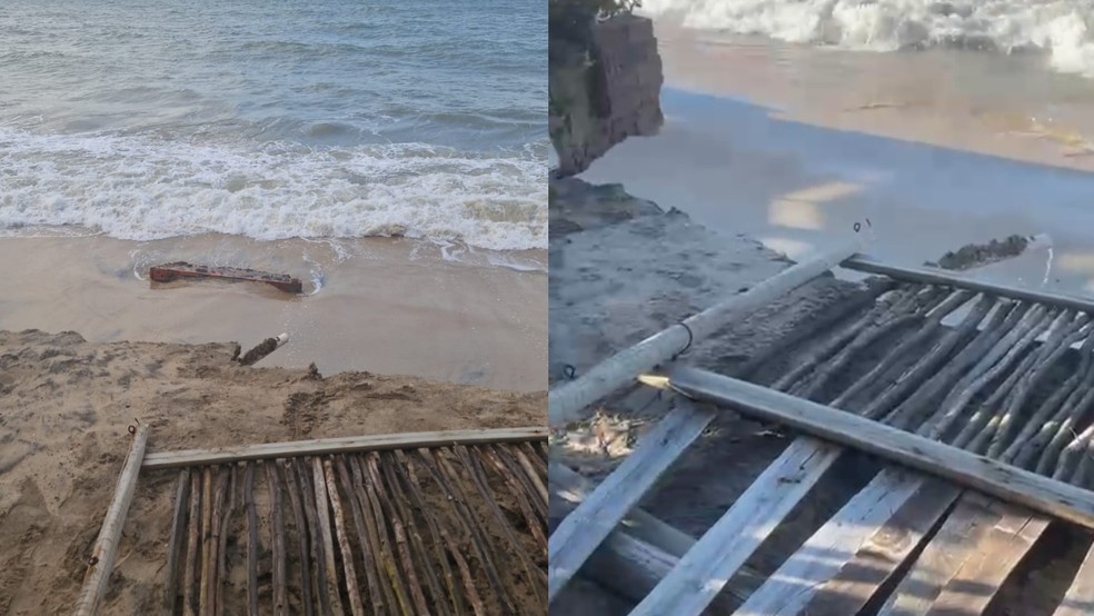 Dona de barraca de praia em Caucaia lamenta impacto devido ao avanço do mar. — Foto: Reprodução