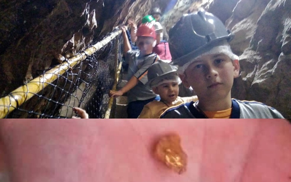 Aluno de 12 anos encontrou pepita de ouro em excursão escolar em mina desativada em São João del Rei — Foto: Junio César Oliveira Martins/Arquivo Pessoal 