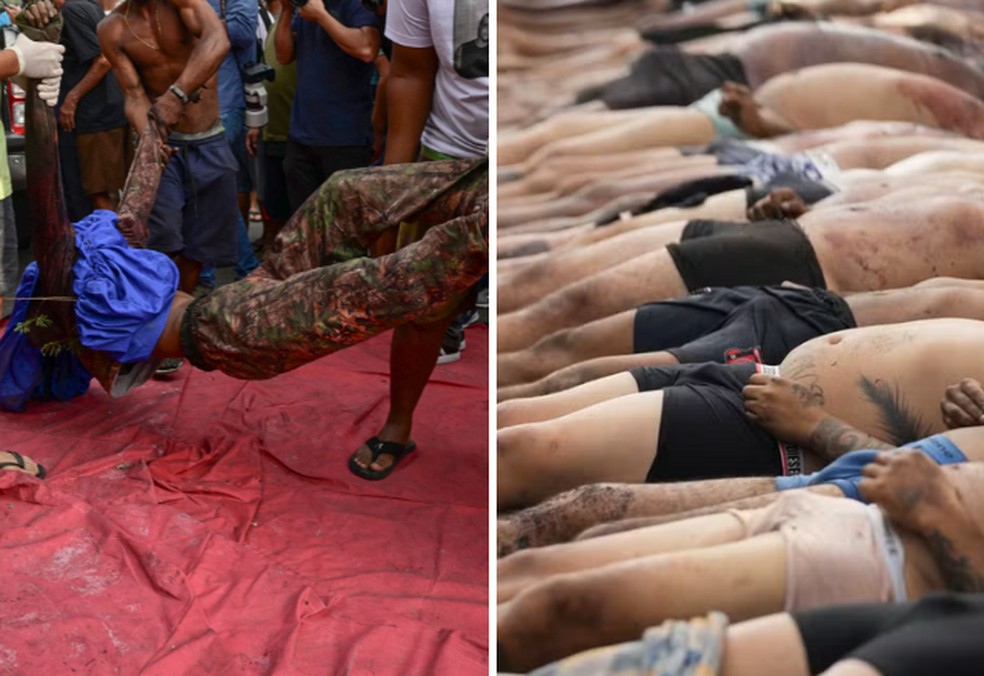 Foto mostra corpos colocados em praça no Complexo da Penha — Foto: Pablo Porciuncula/ AFP e  AP Photo/Silvia Izquierdo