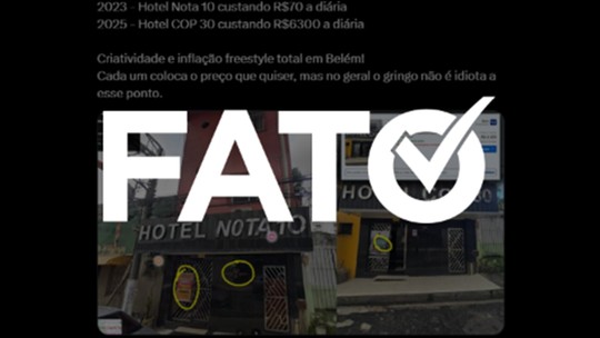É #FATO: Hotel Nota 10, em Belém, mudou nome para Hotel COP 30 e aumentou diária de R$ 70 para R$ 6,3 mil - Post viral cita que preço da diária subiu para R$ 6,3 mil por causa da conferência da ONU sobre mudanças climáticas, marcada para novembro.