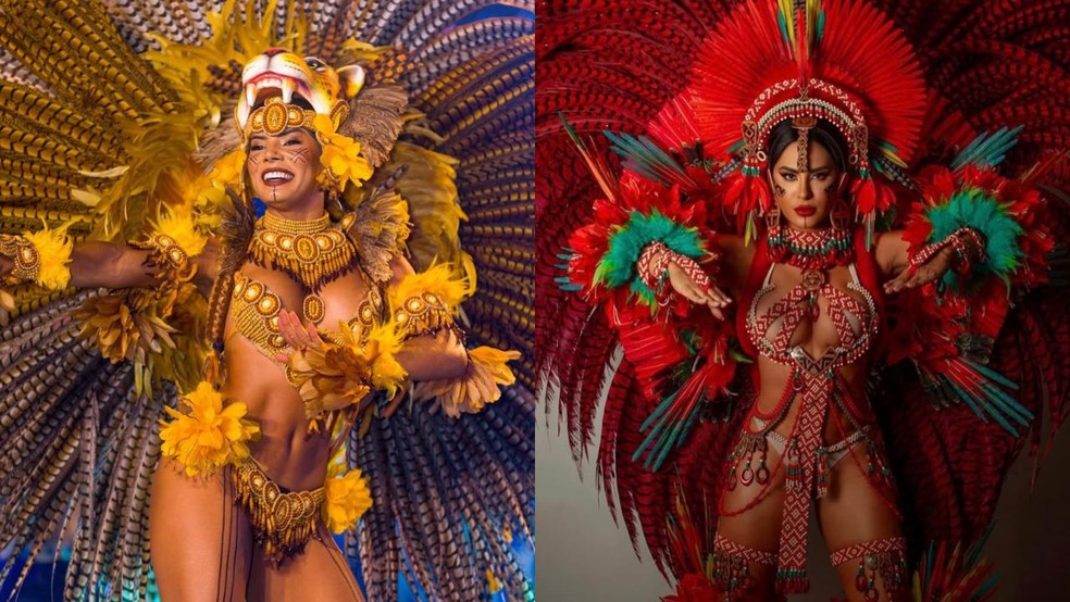 Cunhãs-poranga Caprichoso e Garantido - Marciele Albuquerque e Isabelle Nogueira — Foto: Redes Sociais/Garantido