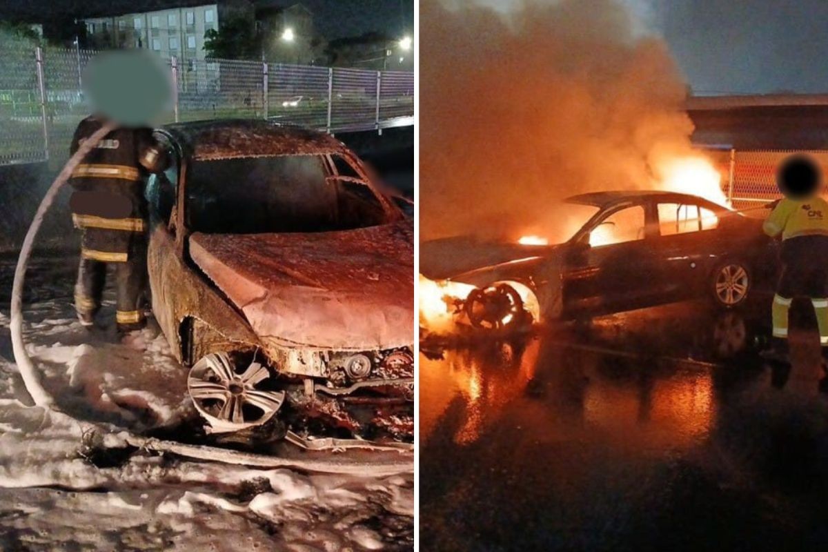 Carro furtado pega fogo após bater em barreira de concreto na Rodovia Pe. Manoel da Nóbrega, SP