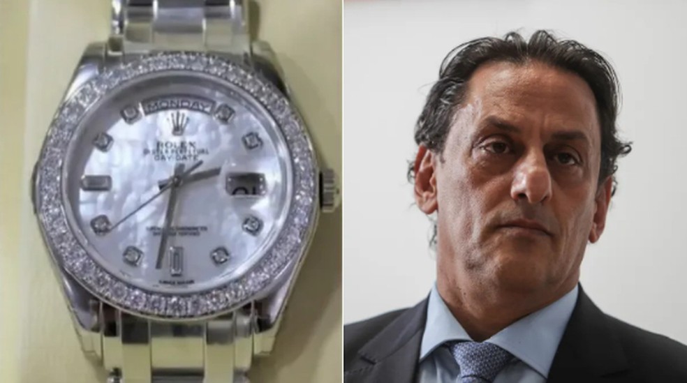 Rolex que Bolsonaro tentou vender e o advogado Frederick Wassef — Foto: Reprodução; TIAGO QUEIROZ/ESTADÃO CONTEÚDO