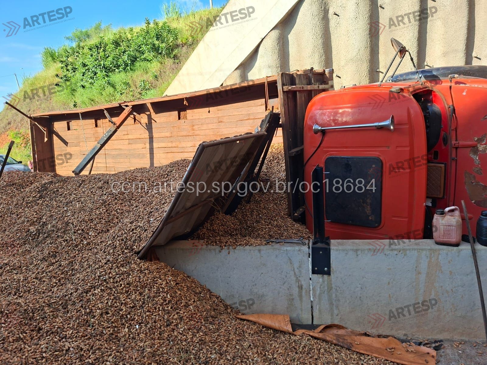 Caminhão carregado de amendoim tomba e interdita alça de acesso da SP-333 em Echaporã