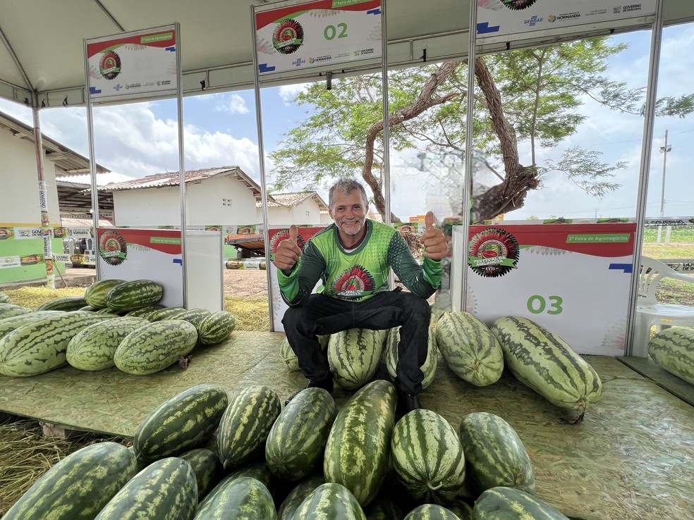 Raimundinho da Melancia sentado em sua produção, que pode chegar a 50 kg — Foto: Caíque Rodrigues/g1 RR