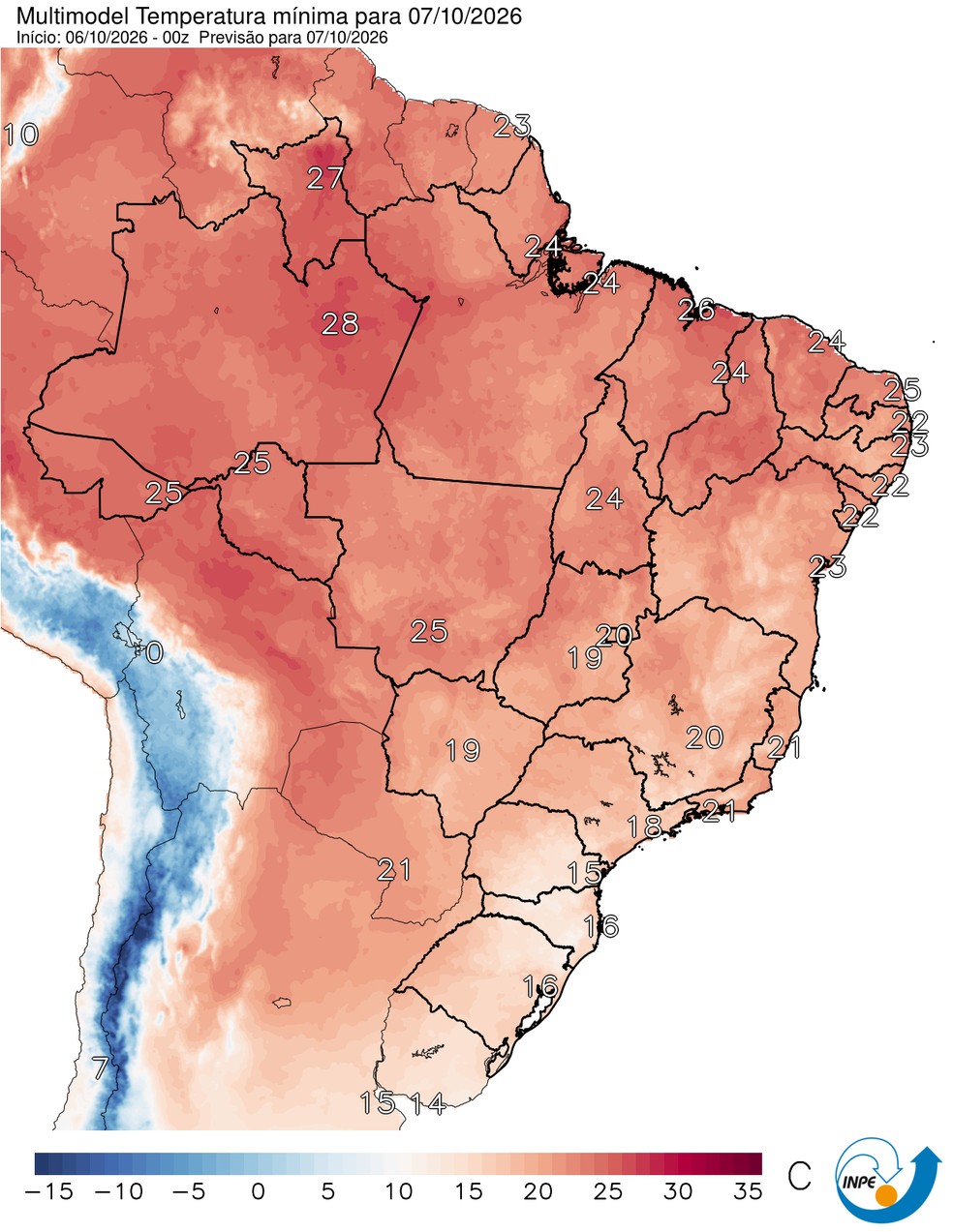 Temperaturas mínimas previstas para esta quarta (07/10) em todo o Brasil. — Foto: CPTEC/Inpe