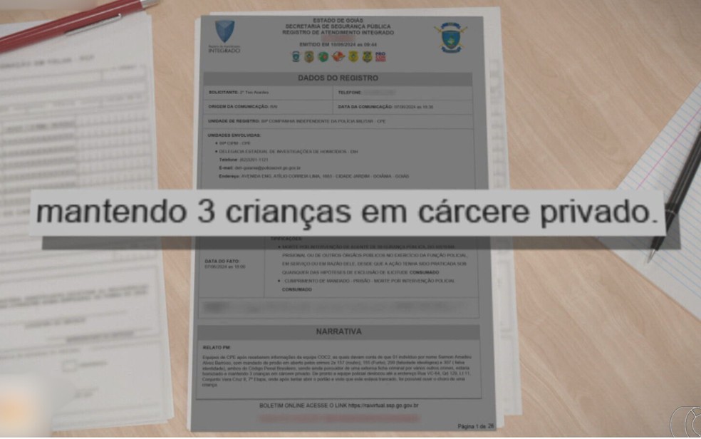 Boletim de ocorrência de caso de homem suspeito de manter crianças em cárcere, em Goiânia, Goiás — Foto: Reprodução/TV Anhanguera