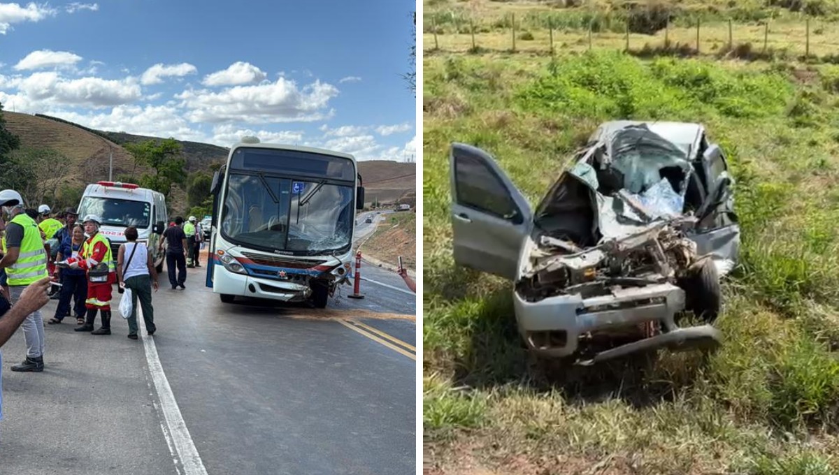 Acidente entre ônibus e carro deixa um morto e 12 feridos na BR-116, em MG