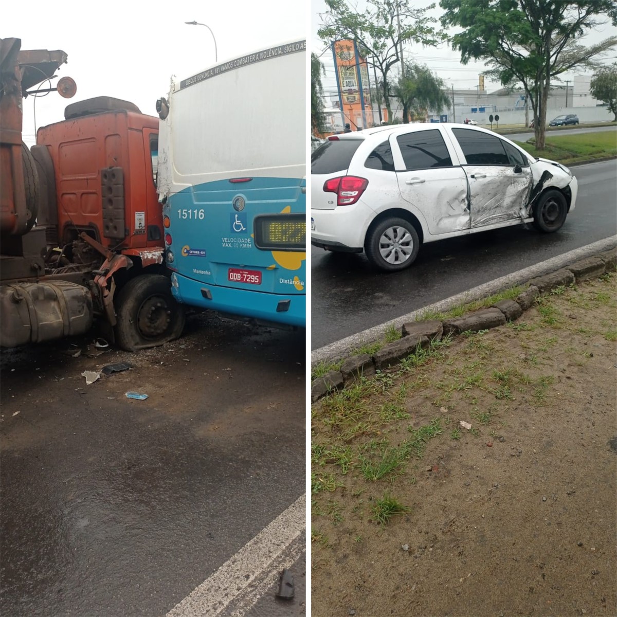 Acidente entre ônibus Transcol carreta e automóvel deixa quatro feridos na BR na Serra ES