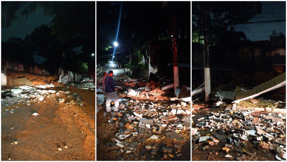 Destruição de muro no Cemitério do Araçá, na Zona Oeste de SP, na noite desta terça-feira (14). — Foto: Acervo pessoal/montagem/g1