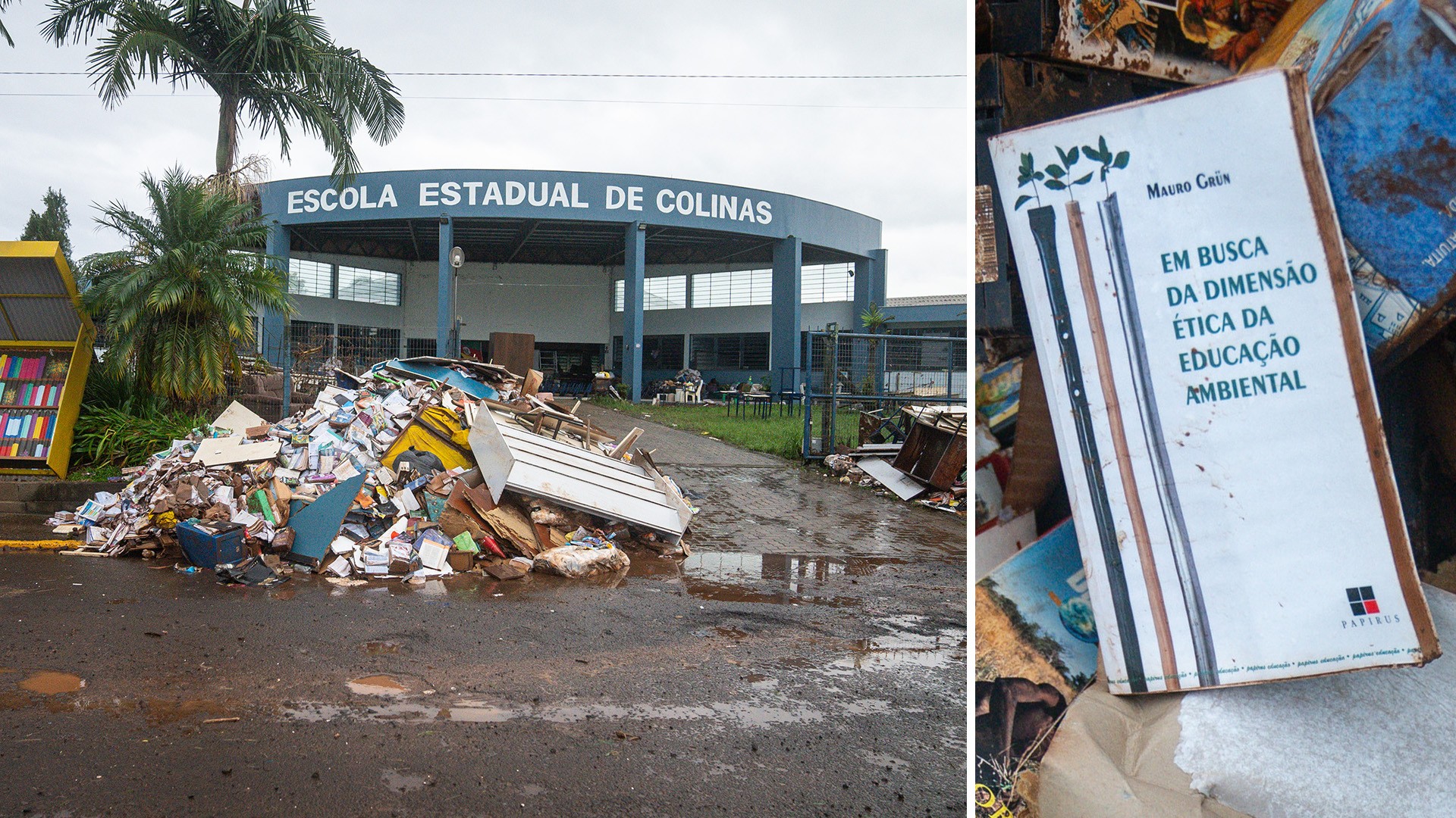 Livros sobre meio ambiente aparecem em pilha de material encharcado de biblioteca escolar em Colinas (RS)