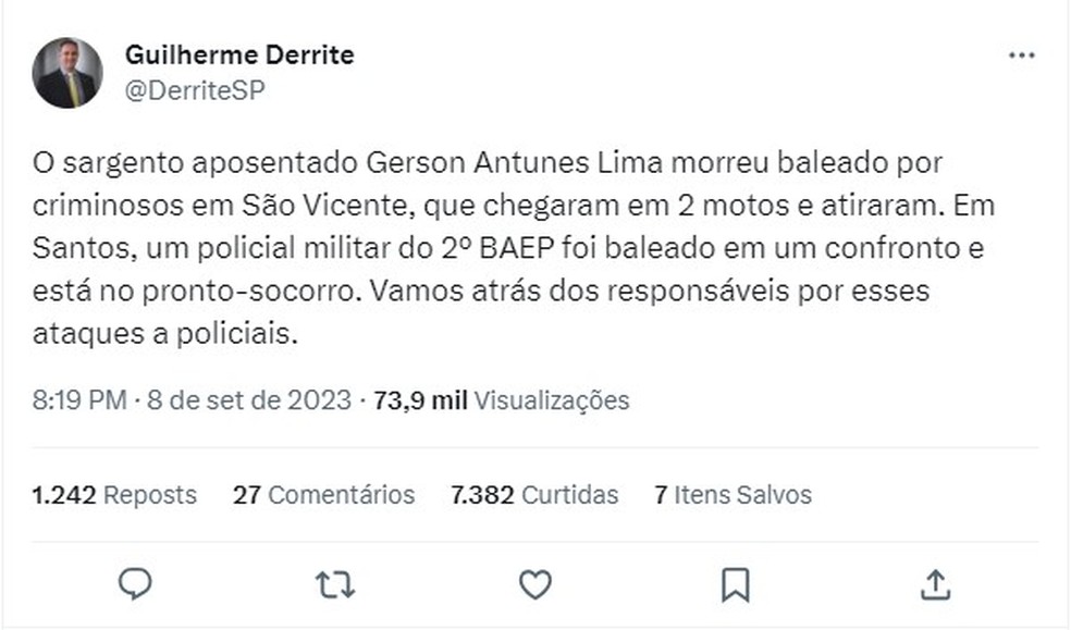 Secretário de Segurança do Estado de São Paulo, Guilherme Derrite, comentou sobre a morte do PM aposentado — Foto: Reprodução