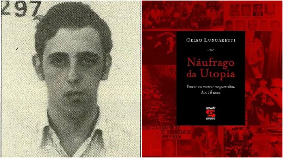 Foto do jornalista Celso Lungaretti tirada no tempo de militância política e capa de livro autobiográfico — Foto: Reprodução/Náufrago da Utopia