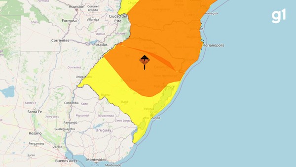 O aviso de "perigo" do Inmet, válido até o final da tarde, abrange o Noroeste, Centro Ocidental, Metropolitana de Porto Alegre, Sudeste, Nordeste, Centro Oriental e Sudoeste do estado — Foto: Reprodução/Inmet