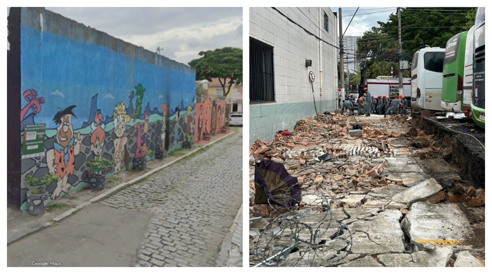 Antes e depois da queda do muro na rua Vieira Martins, no Brás, que matou três pessoas. — Foto: Reprodução/TV Globo