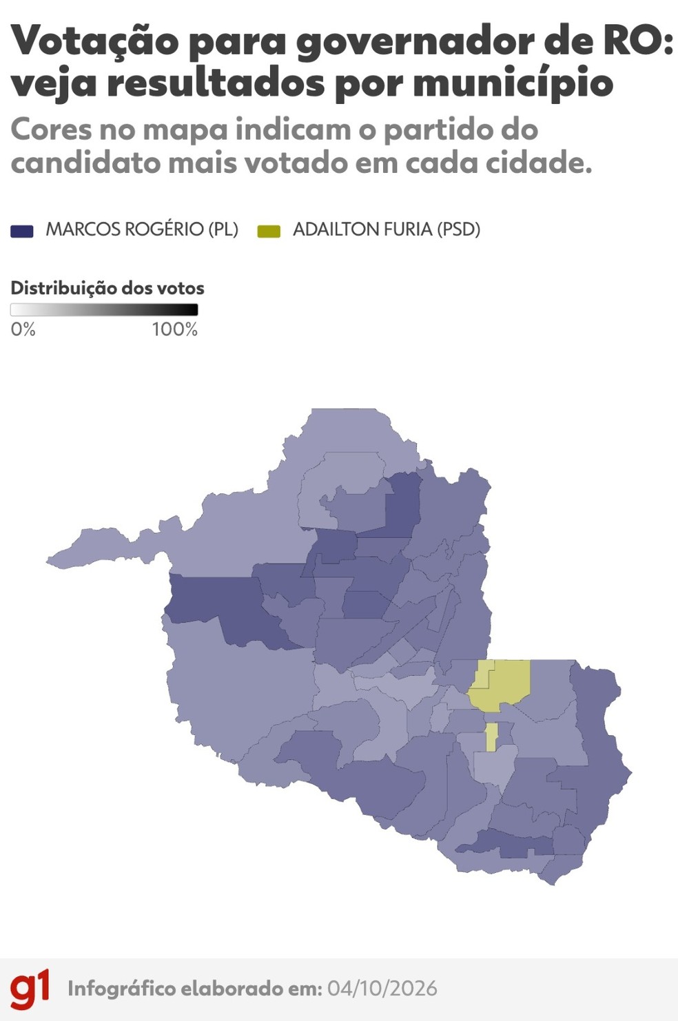 Mapa de votação para governador de Rondônia. Veja resultado por municípios — Foto: Infográfico: arte/g1