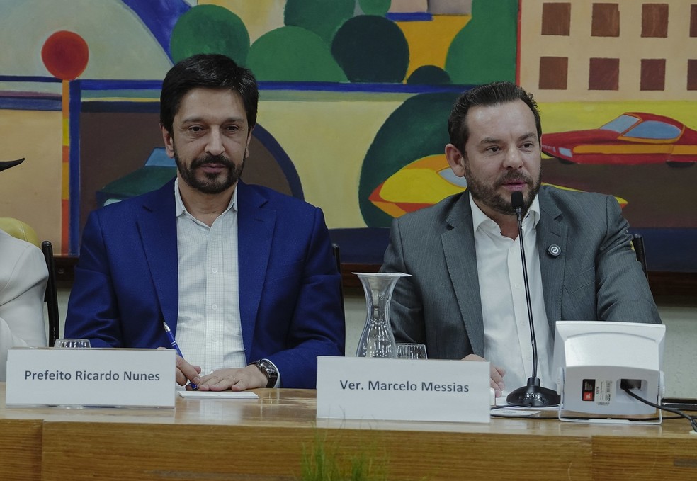O vereador Marcelo Messias (MDB) ao lado do colega de partido, o prefeito Ricardo Nunes (MDB), em evento na Cmara Municipal em 12 de Agosto de 2025. - Foto: Richard Loureno / Rede Cmara