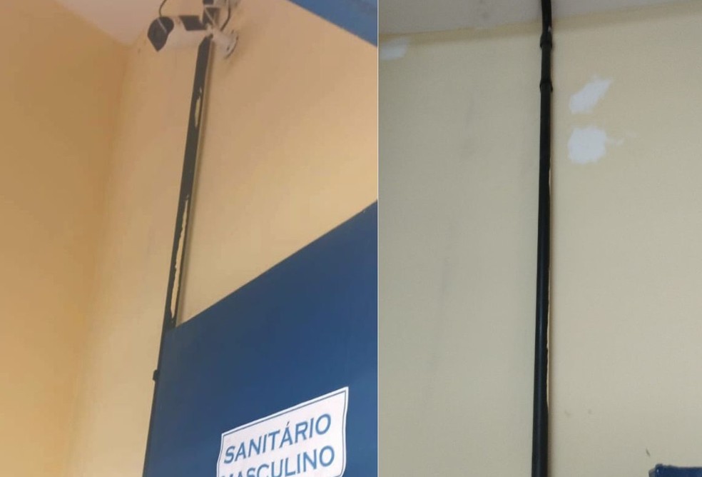 Imagem de parede do banheiro de escola estadual em Carpina, antes e depois da retirada de câmera de vigilância — Foto: Reprodução/WhatsApp