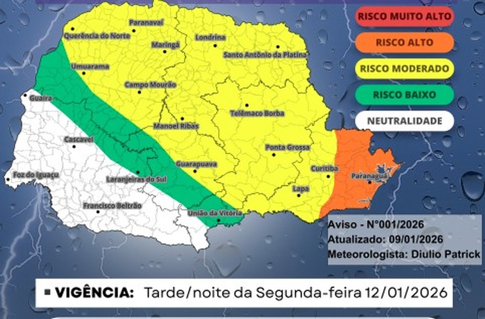 Aviso meteorológico — Foto: Reprodução/Defesa Civil e Simepar