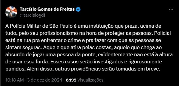 Governador de SP diz que PM que atira pelas costas ou joga uma pessoa da ponte 'não está à altura de usar essa farda'