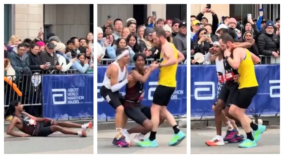 Brasileiro ajuda corredor norte-americano durante a Maratona de Boston, nos Estados Unidos. — Foto: Reprodução/Redes Sociais