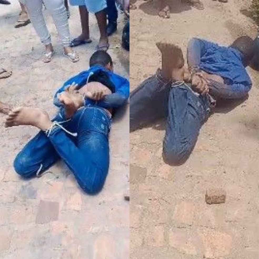Homem é amarrado com cordas por populares ao tentar roubar moto em Campo Maior, no Piauí — Foto: Reprodução
