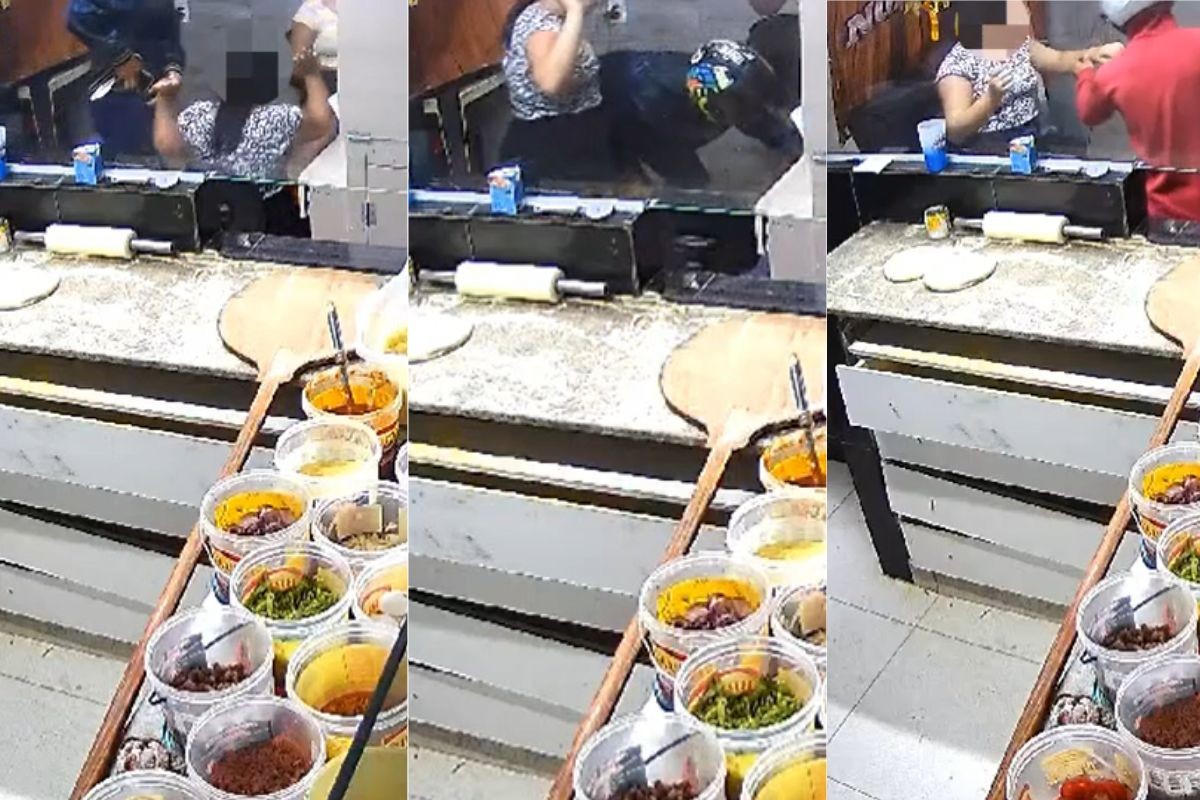 Homens armados e usando capacetes assaltam pizzaria no litoral de SP; VÍDEO 