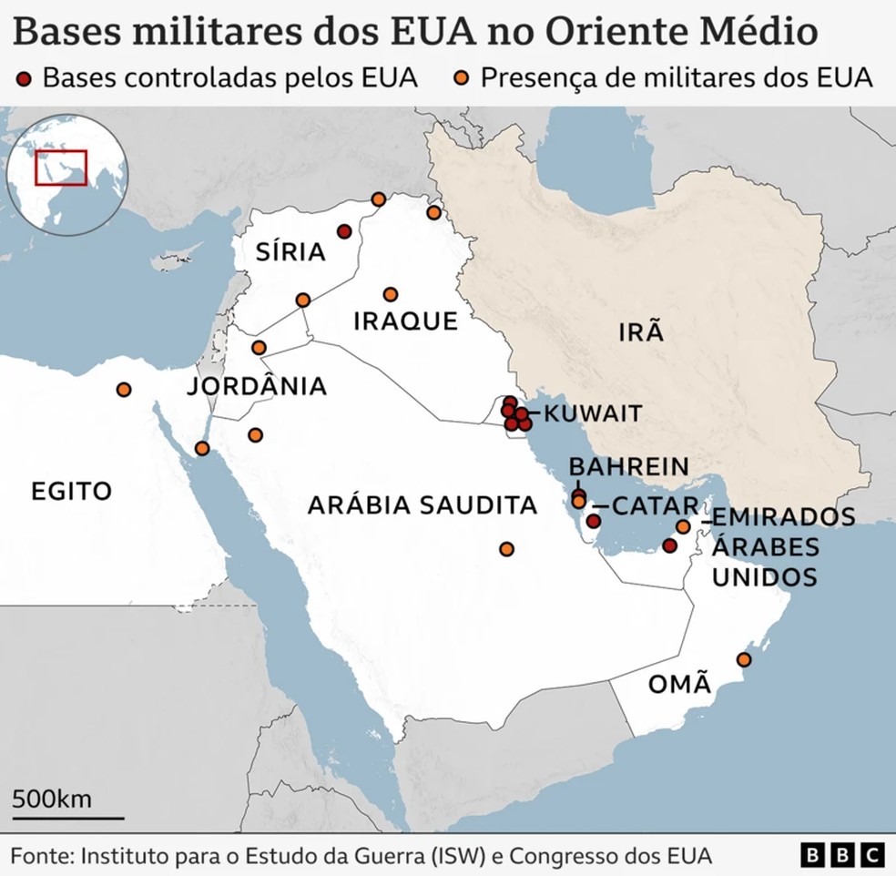 O USS Carl Vinson é um dos porta-aviões americanos em operação no Oriente Médio — Foto: Instituto para o Estudo da Guerra (ISW) e Congresso dos EUA/BBC