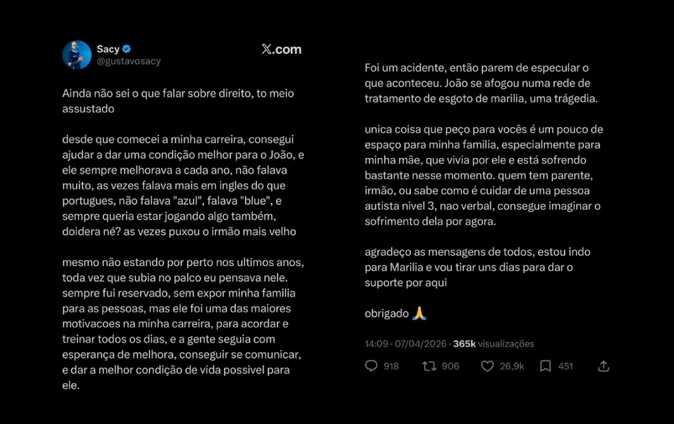 6 de 7
Campe&atilde;o mundial de eSports, Sacy lamenta morte de irm&atilde;o autista encontrado em esta&ccedil;&atilde;o de tratamento de esgoto em Mar&iacute;lia &mdash; Foto: Reprodu&ccedil;&atilde;o